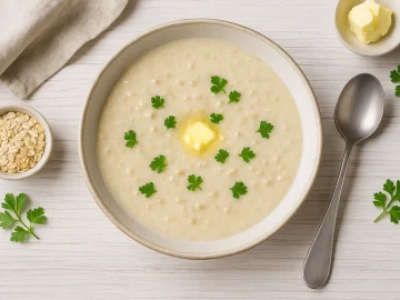 Haferflockensuppe in weißem Suppenteller, cremig serviert mit Kräutern und Brotstücken auf Holztisch