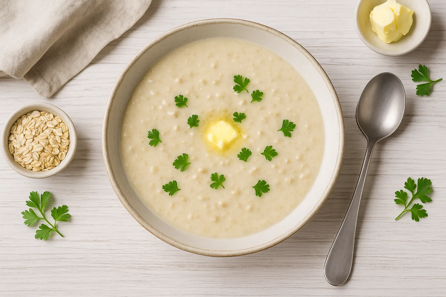 Haferflockensuppe in weißem Suppenteller, cremig serviert mit Kräutern und Brotstücken auf Holztisch
