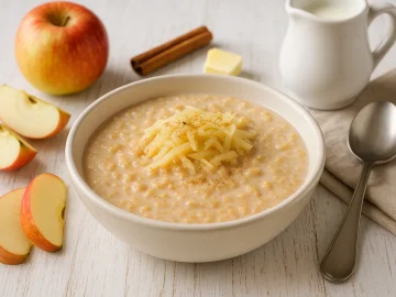 Haferflockensuppe mit geraspelten Äpfeln und Zimt in weißer Schüssel, serviert auf weißem Holztisch mit Milchkanne, Apfelstücken und Löffel