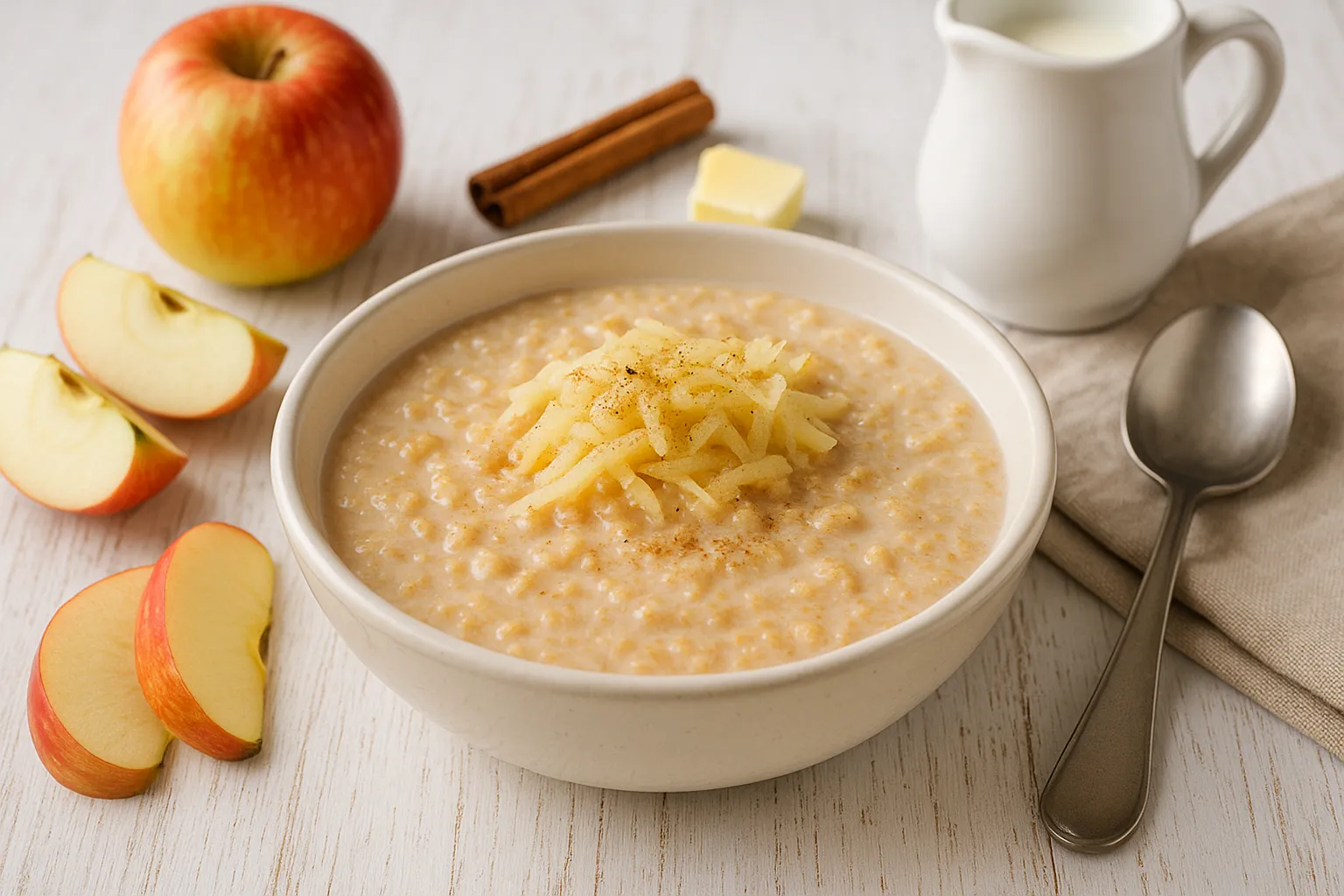 Haferflockensuppe mit geraspelten Äpfeln und Zimt in weißer Schüssel, serviert auf weißem Holztisch mit Milchkanne, Apfelstücken und Löffel