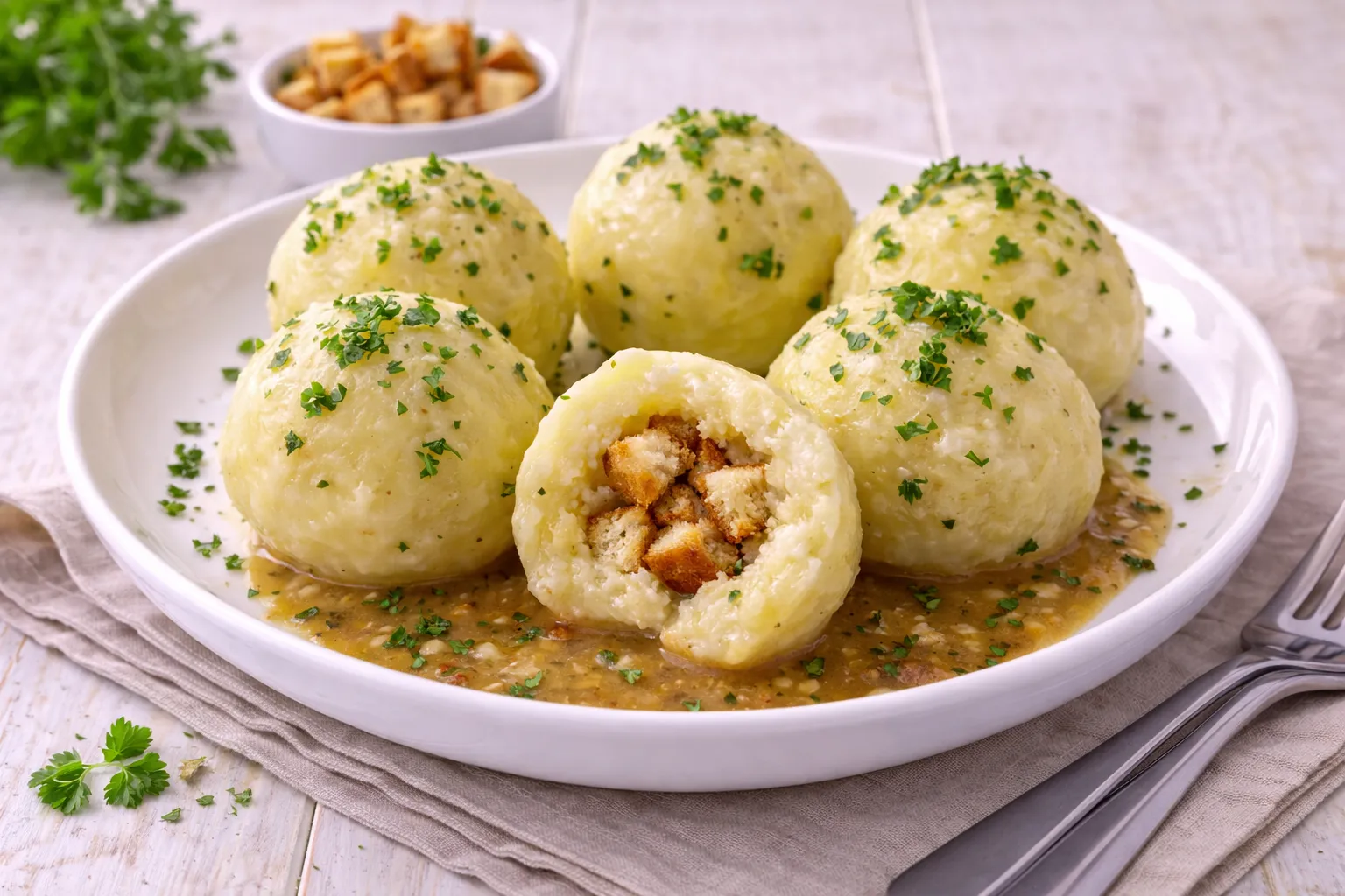 Halbseidene Klöße auf weißem Teller, ein Kloß aufgeschnitten mit Brötchenwürfeln im Inneren