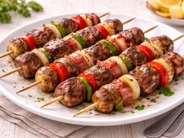 Gegrillte Hammelspieße mit Paprika, Zwiebeln und Champignons auf weißem Teller auf hellem Holztisch