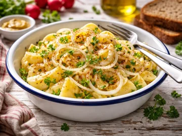 Harzer Käsesalat mit Zwiebeln und Kräutern in weißer Emaille-Schüssel auf rustikalem Holztisch