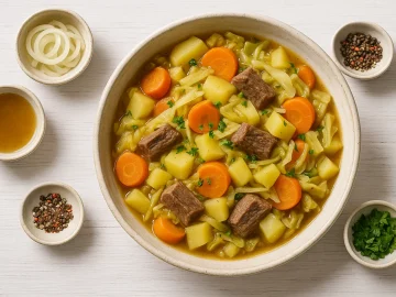 Herbsteintopf mit Gemüse und Rindfleisch in heller Schale auf weißem Holzuntergrund