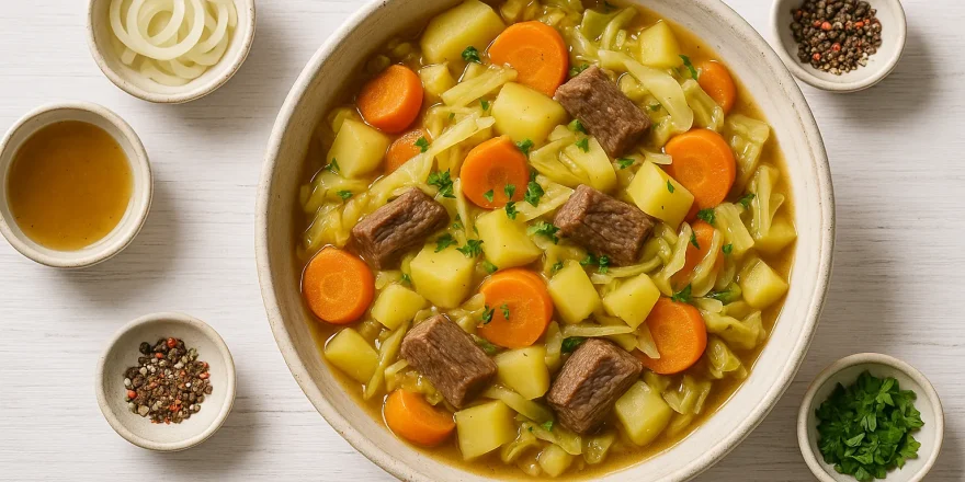 Herbsteintopf mit Gemüse und Rindfleisch in heller Schale auf weißem Holzuntergrund