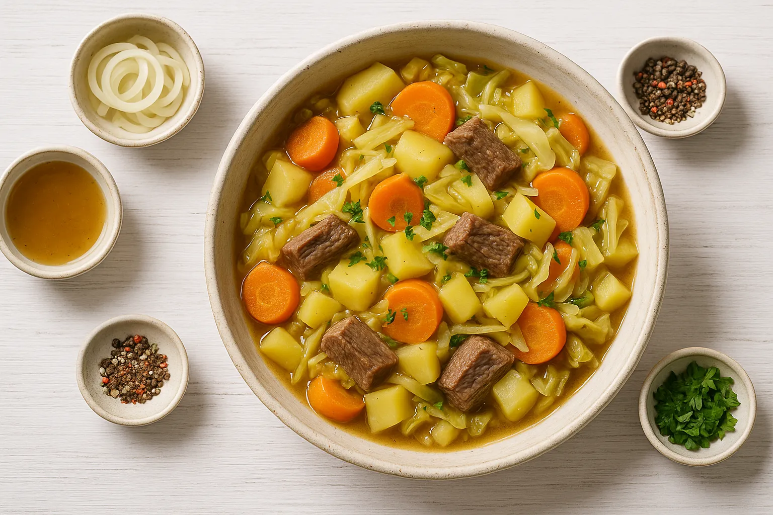 Herbsteintopf mit Gemüse und Rindfleisch in heller Schale auf weißem Holzuntergrund