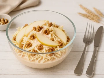 Moderne Glasschüssel mit Herbstsalat aus Birnen, Sellerie und Nüssen, dekoriert mit cremigem Dressing auf weißem Holzhintergrund