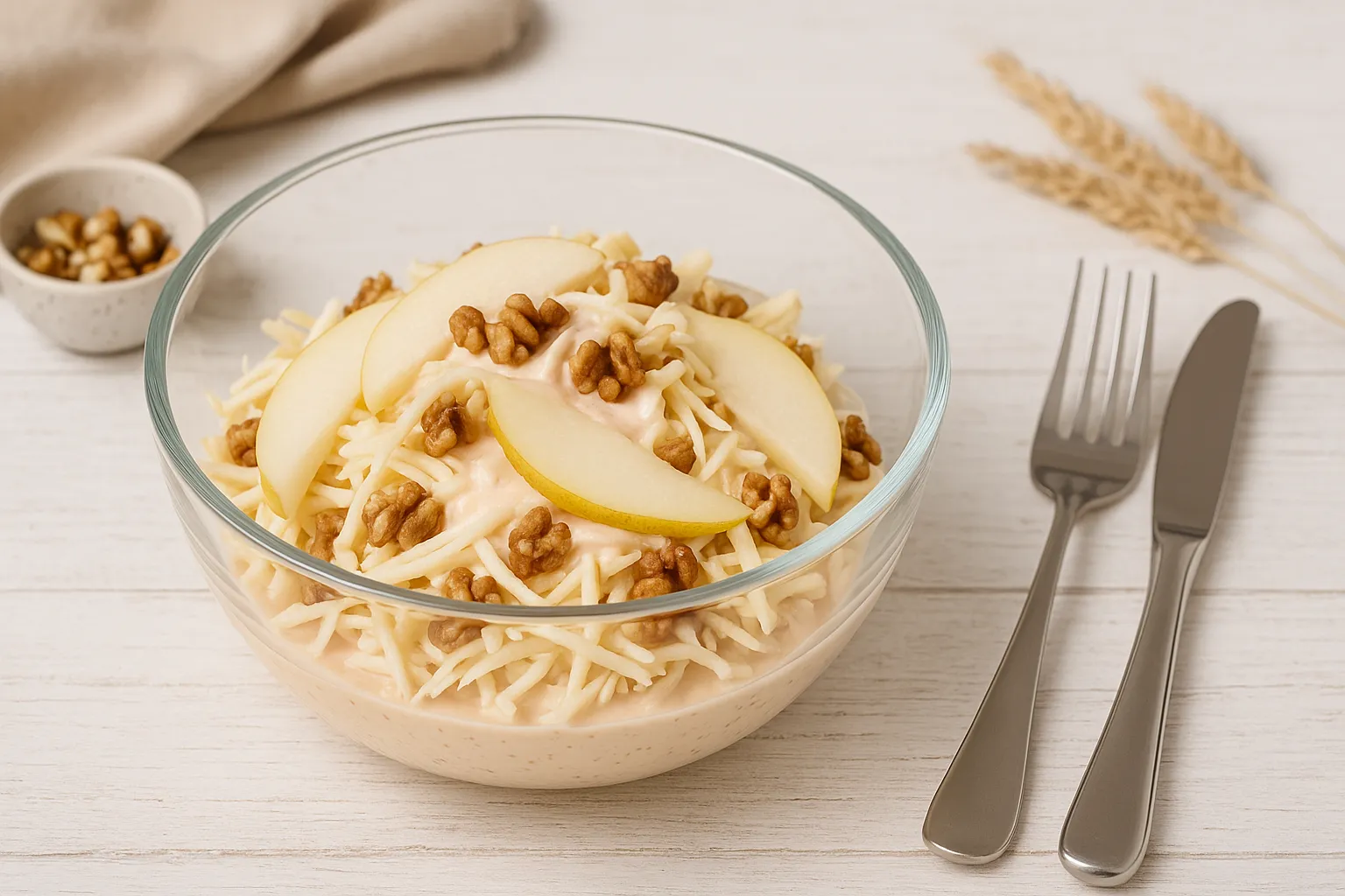 Moderne Glasschüssel mit Herbstsalat aus Birnen, Sellerie und Nüssen, dekoriert mit cremigem Dressing auf weißem Holzhintergrund