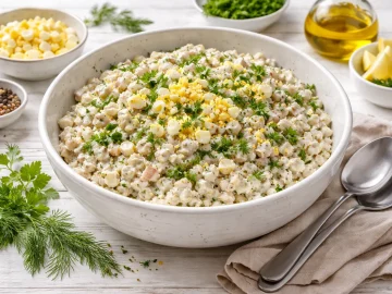 Heringshäckerle in einer weißen Schüssel auf weißem Holzhintergrund mit sichtbarer Maserung, moderne Besteckdekoration und frische Kräuter