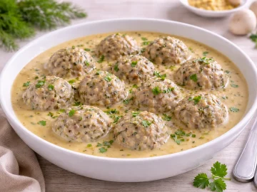 Heringsklopse in cremiger Senfsoße in einer weißen Servierschale mit hohem Rand auf hellem Holztisch