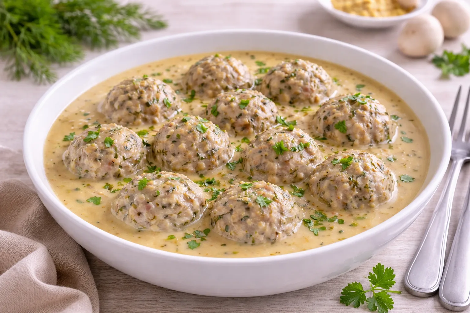 Heringsklopse in cremiger Senfsoße in einer weißen Servierschale mit hohem Rand auf hellem Holztisch