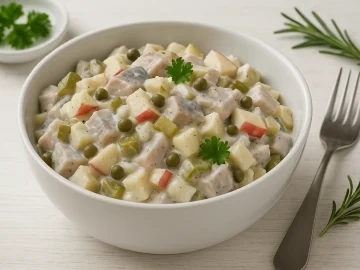 Heringsalat mit Hering, Apfel, Gurken, Zwiebeln und Kapern in einer Schüssel auf weißem Holztisch