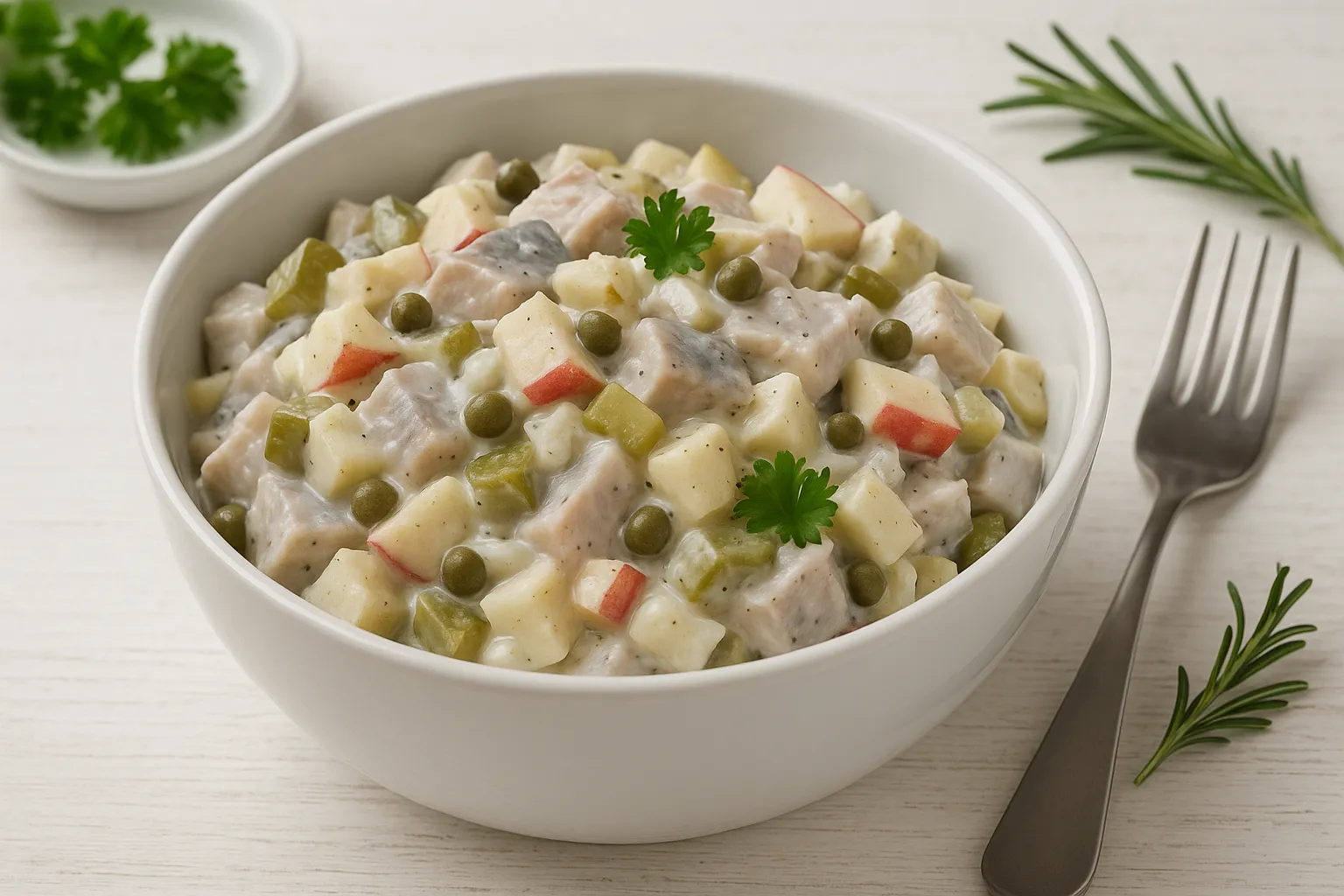 Heringsalat mit Hering, Apfel, Gurken, Zwiebeln und Kapern in einer Schüssel auf weißem Holztisch