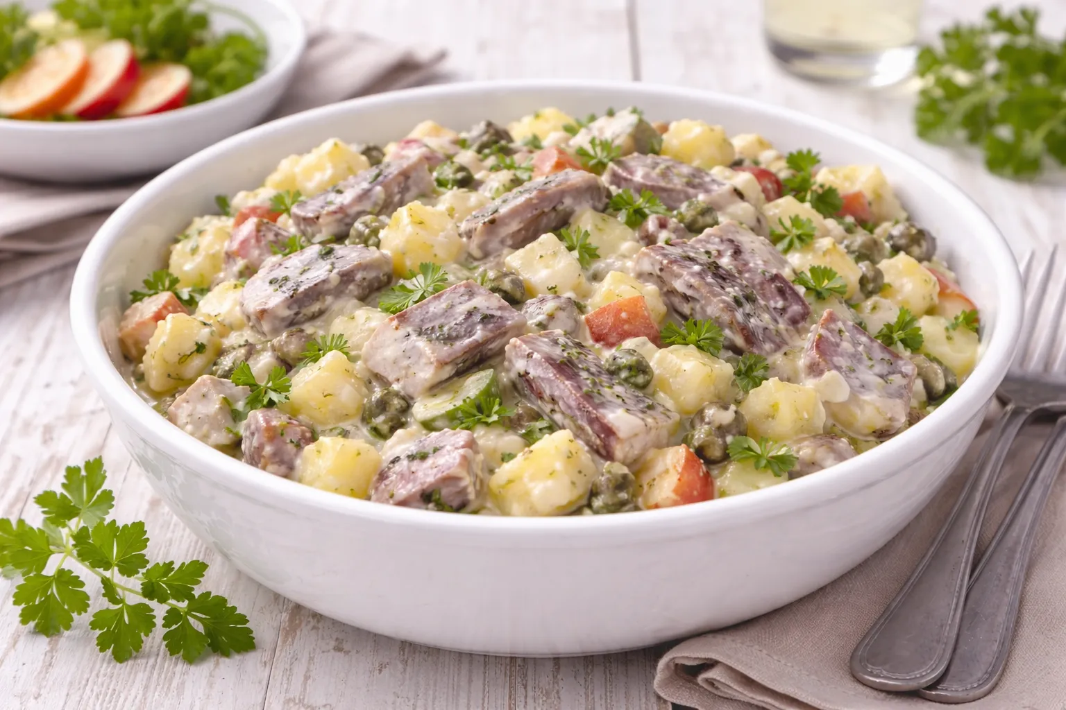 Weißer Teller mit Heringssalat aus Heringsstreifen, Kartoffelwürfeln, Apfel und Gurke auf weißem Holzhintergrund mit sichtbarer Maserung