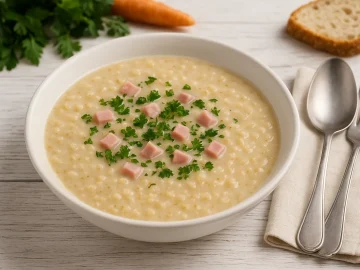 Weiße Suppenschale mit herzhafter Haferflockensuppe, garniert mit Petersilie und Schinkenwürfeln, auf weißem Holztisch mit Besteck