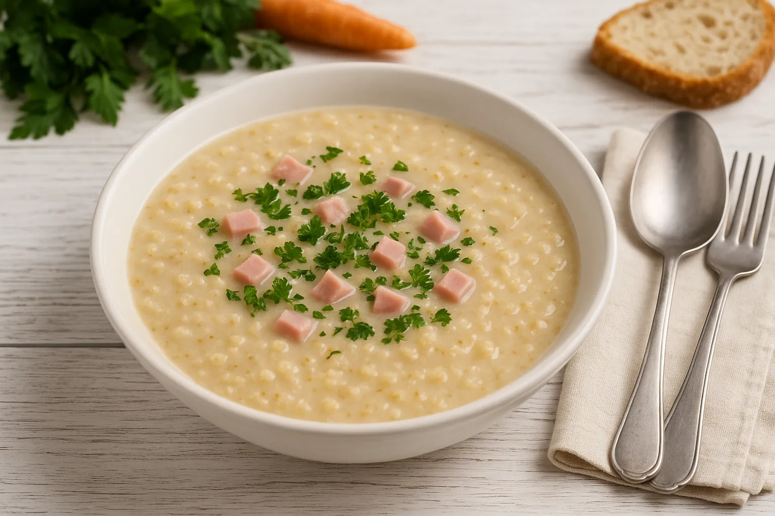 Weiße Suppenschale mit herzhafter Haferflockensuppe, garniert mit Petersilie und Schinkenwürfeln, auf weißem Holztisch mit Besteck