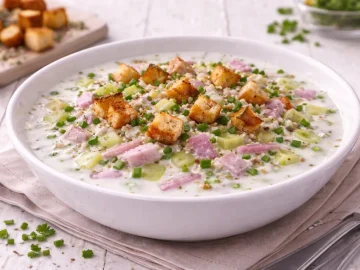 Tiefer weißer Teller mit herzhafter Joghurtkaltschale, Gurkenwürfeln, Schinkenstreifen und Schnittlauch auf weißem Holzhintergrund