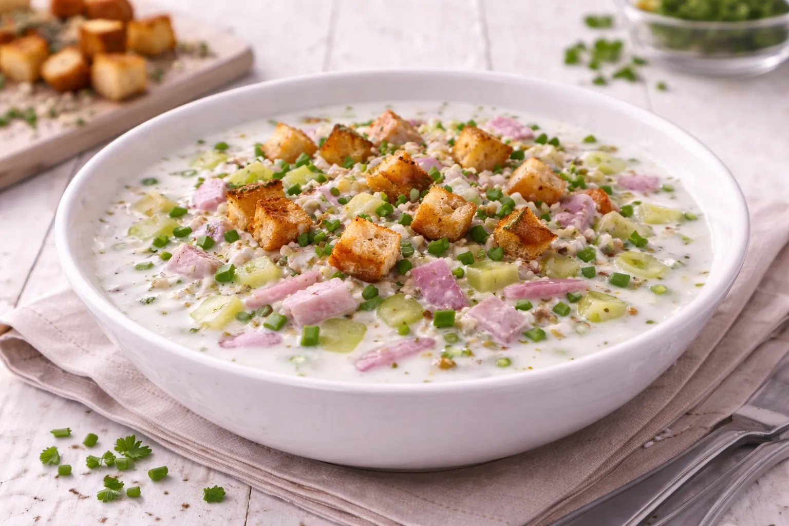 Tiefer weißer Teller mit herzhafter Joghurtkaltschale, Gurkenwürfeln, Schinkenstreifen und Schnittlauch auf weißem Holzhintergrund