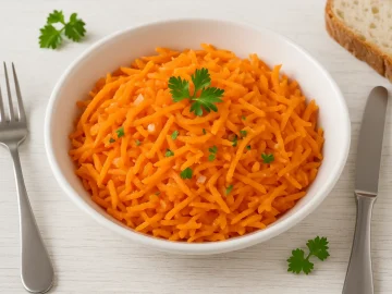 Herzhafte Möhrenfrischkost mit Meerrettich, Zwiebeln und Petersilie in weißer Schüssel auf Holzuntergrund