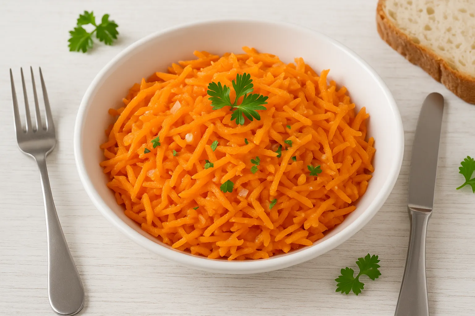 Herzhafte Möhrenfrischkost mit Meerrettich, Zwiebeln und Petersilie in weißer Schüssel auf Holzuntergrund