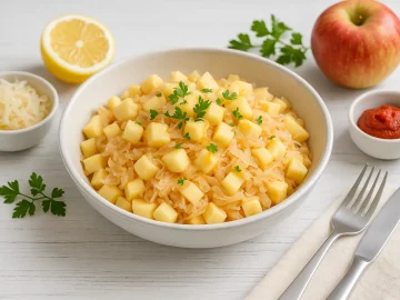 Herzhafter Apfelsalat mit Sauerkraut in rustikaler weißer Schüssel auf weißem Holztisch