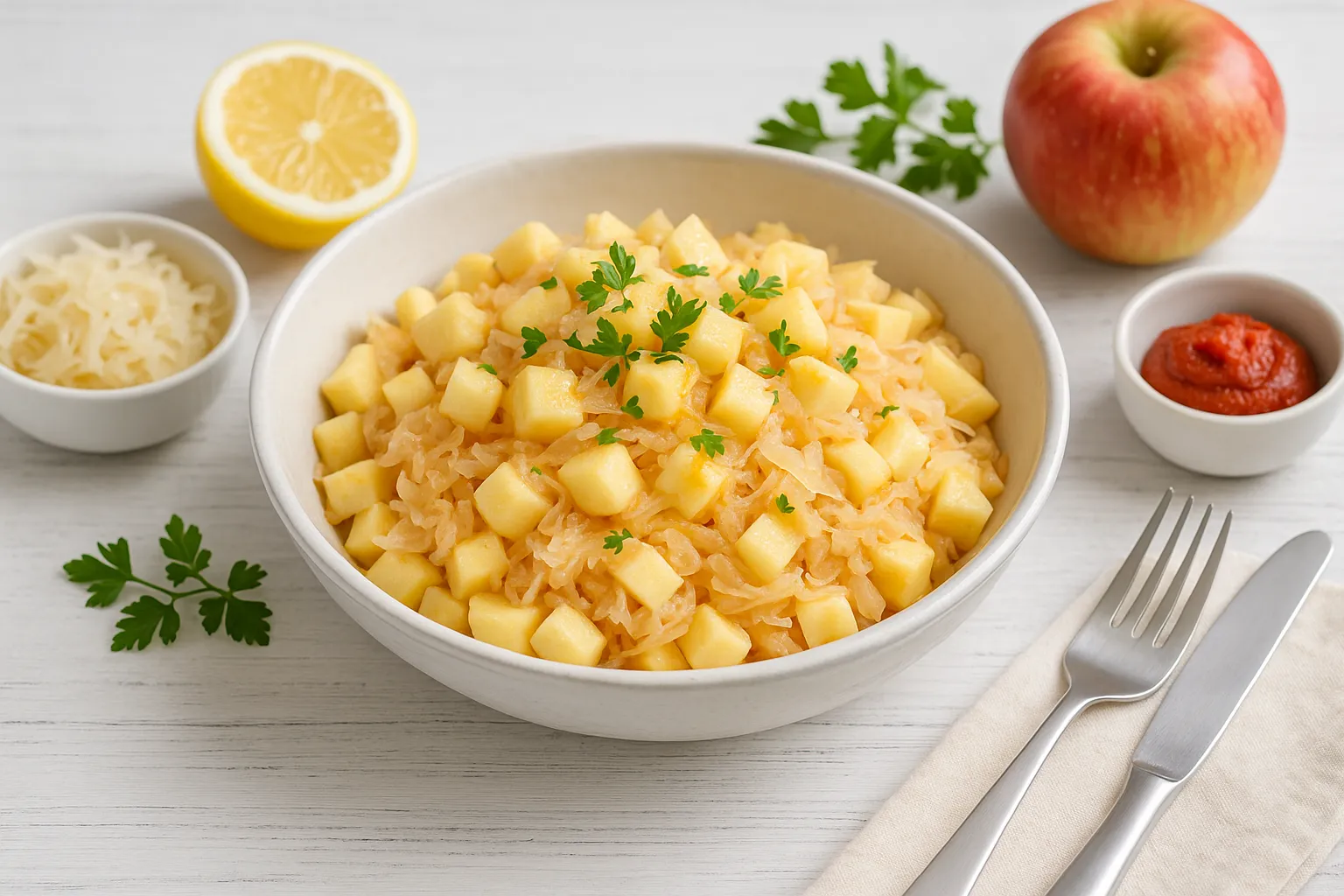 Herzhafter Apfelsalat mit Sauerkraut in rustikaler weißer Schüssel auf weißem Holztisch