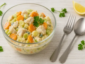 Herzhafter Fischsalat aus Dorsch, Möhren, Porree und Sellerie in einer Glasschüssel, garniert mit frischen Kräutern auf weißem Holzhintergrund