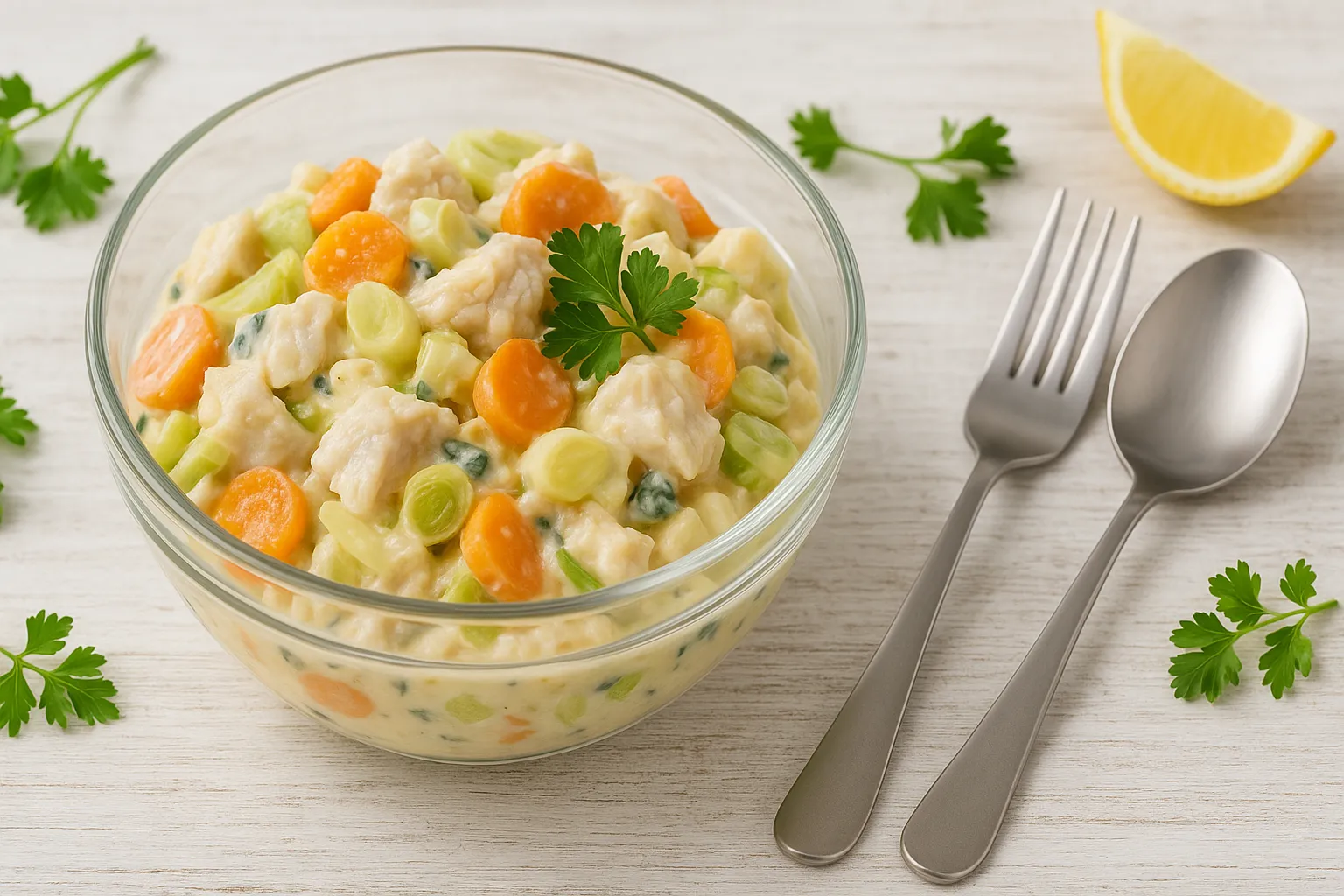 Herzhafter Fischsalat aus Dorsch, Möhren, Porree und Sellerie in einer Glasschüssel, garniert mit frischen Kräutern auf weißem Holzhintergrund