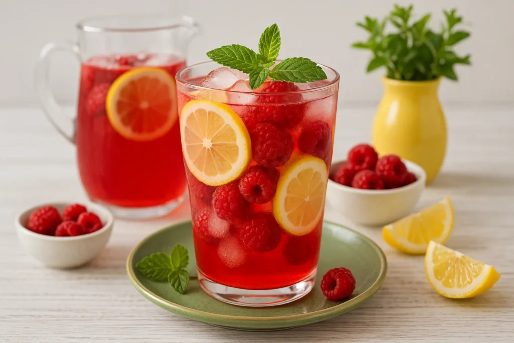 Großes Glas mit hausgemachter Himbeerlimonade, Himbeeren, Zitronenscheiben, Eiswürfeln und Minze, auf weißem Holztisch mit sichtbarer Maserung, daneben ein Krug und Schale mit Himbeeren.