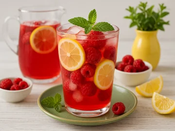 Großes Glas mit hausgemachter Himbeerlimonade, Himbeeren, Zitronenscheiben, Eiswürfeln und Minze, auf weißem Holztisch mit sichtbarer Maserung, daneben ein Krug und Schale mit Himbeeren.