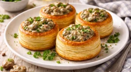 Goldbraune Blätterteigpastetchen gefüllt mit würziger Hirnmasse und Kräutern auf hellem Holztisch angerichtet