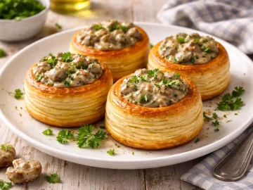 Goldbraune Blätterteigpastetchen gefüllt mit würziger Hirnmasse und Kräutern auf hellem Holztisch angerichtet