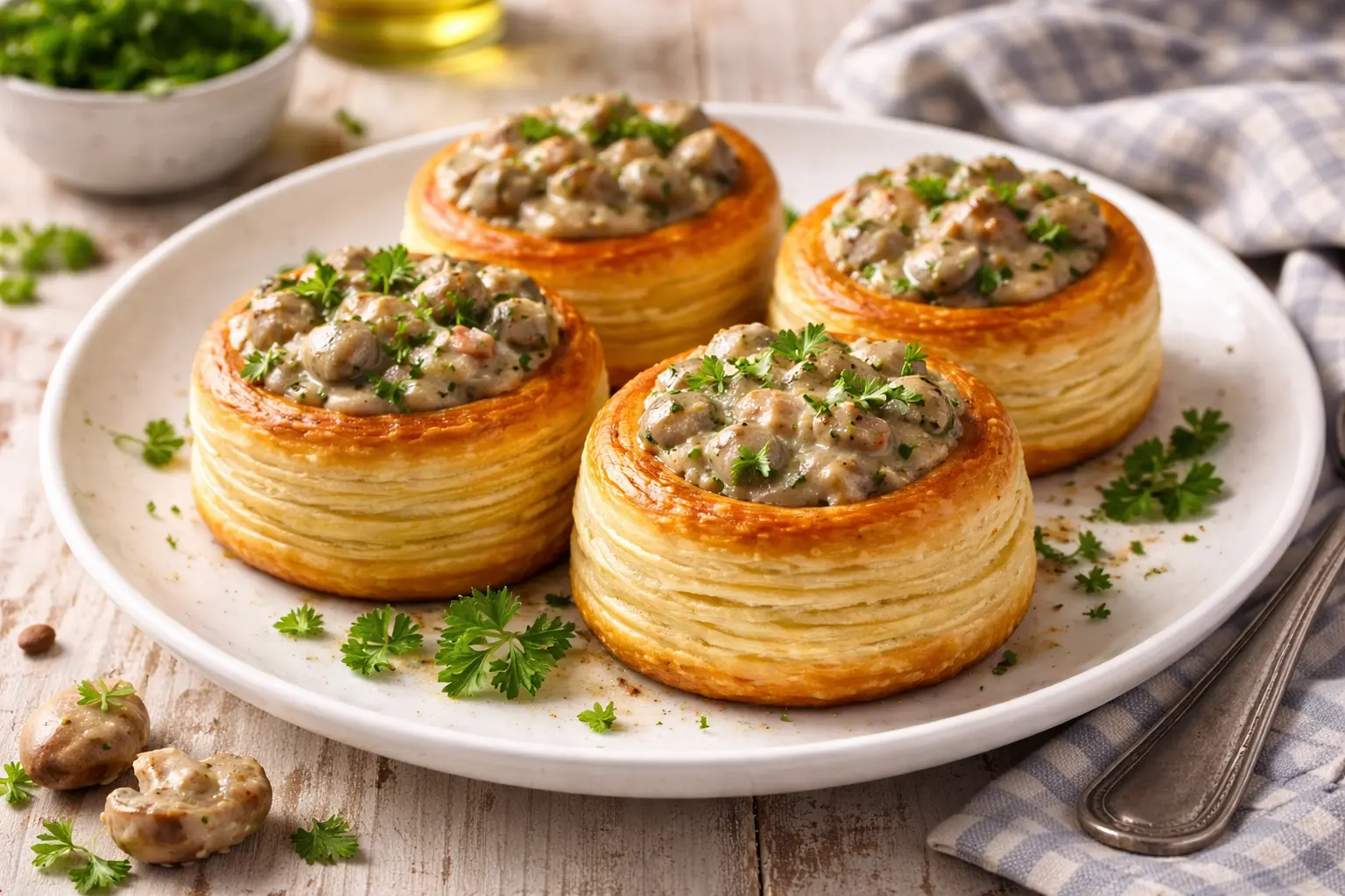 Goldbraune Blätterteigpastetchen gefüllt mit würziger Hirnmasse und Kräutern auf hellem Holztisch angerichtet