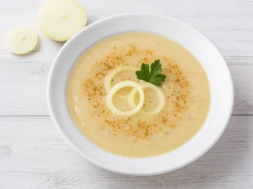 Cremige Holländische Zwiebelsuppe in weißem tiefen Teller auf weißem Holzhintergrund