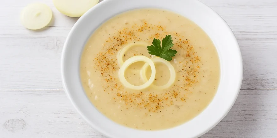 Cremige Holländische Zwiebelsuppe in weißem tiefen Teller auf weißem Holzhintergrund
