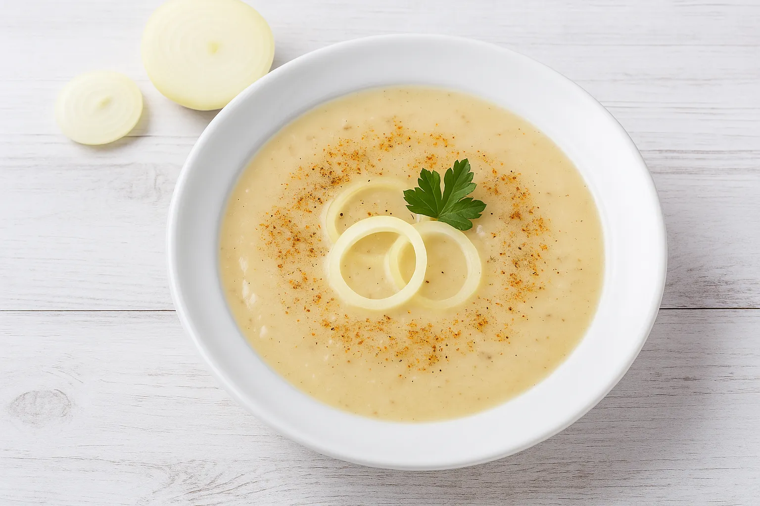 Cremige Holländische Zwiebelsuppe in weißem tiefen Teller auf weißem Holzhintergrund