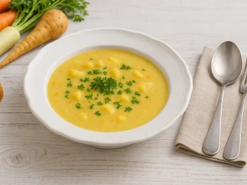 Weiße Suppenschale mit Holsteiner Kartoffelsuppe, garniert mit Kräutern, auf weißem Holztisch mit Besteck und Gemüse