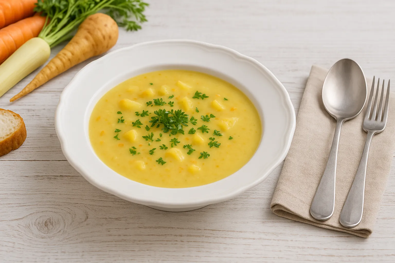 Weiße Suppenschale mit Holsteiner Kartoffelsuppe, garniert mit Kräutern, auf weißem Holztisch mit Besteck und Gemüse