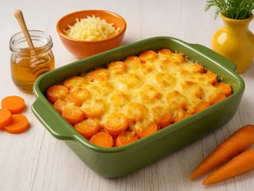 Grüne Auflaufform mit Honigmöhren und goldgelber Käsekruste, daneben Honig, Möhren, Käse und Kräuter auf weißem Holztisch.