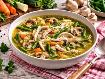 Hühnersuppe mit grünen Bohnen, Pilzen und Gemüse in weißer Schüssel auf Holztisch