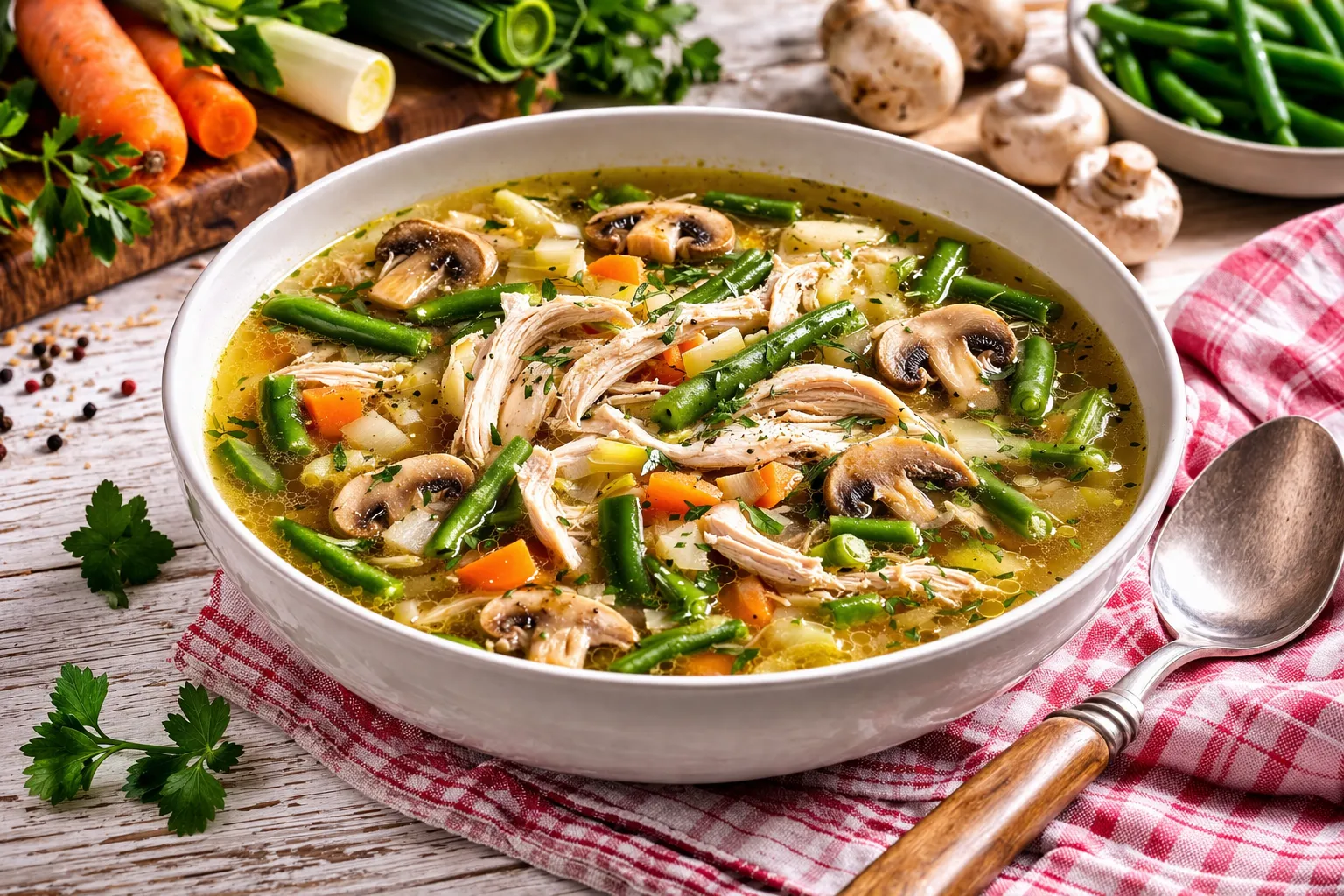 Hühnersuppe mit grünen Bohnen, Pilzen und Gemüse in weißer Schüssel auf Holztisch