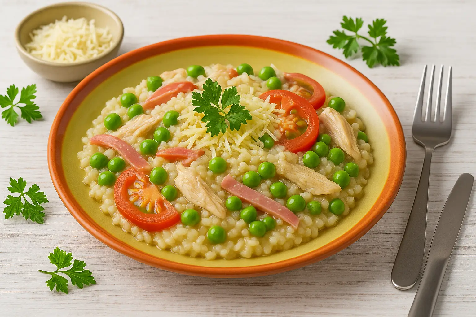  Cremiger Hühnerreis mit Erbsen, Tomaten, Schinken und Käse auf buntem Teller, dekoriert mit Kräutern.