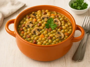 Eintopf aus Hülsenfrüchten und Pilzen in orangefarbener Suppenschüssel, dekoriert mit frischen Kräutern