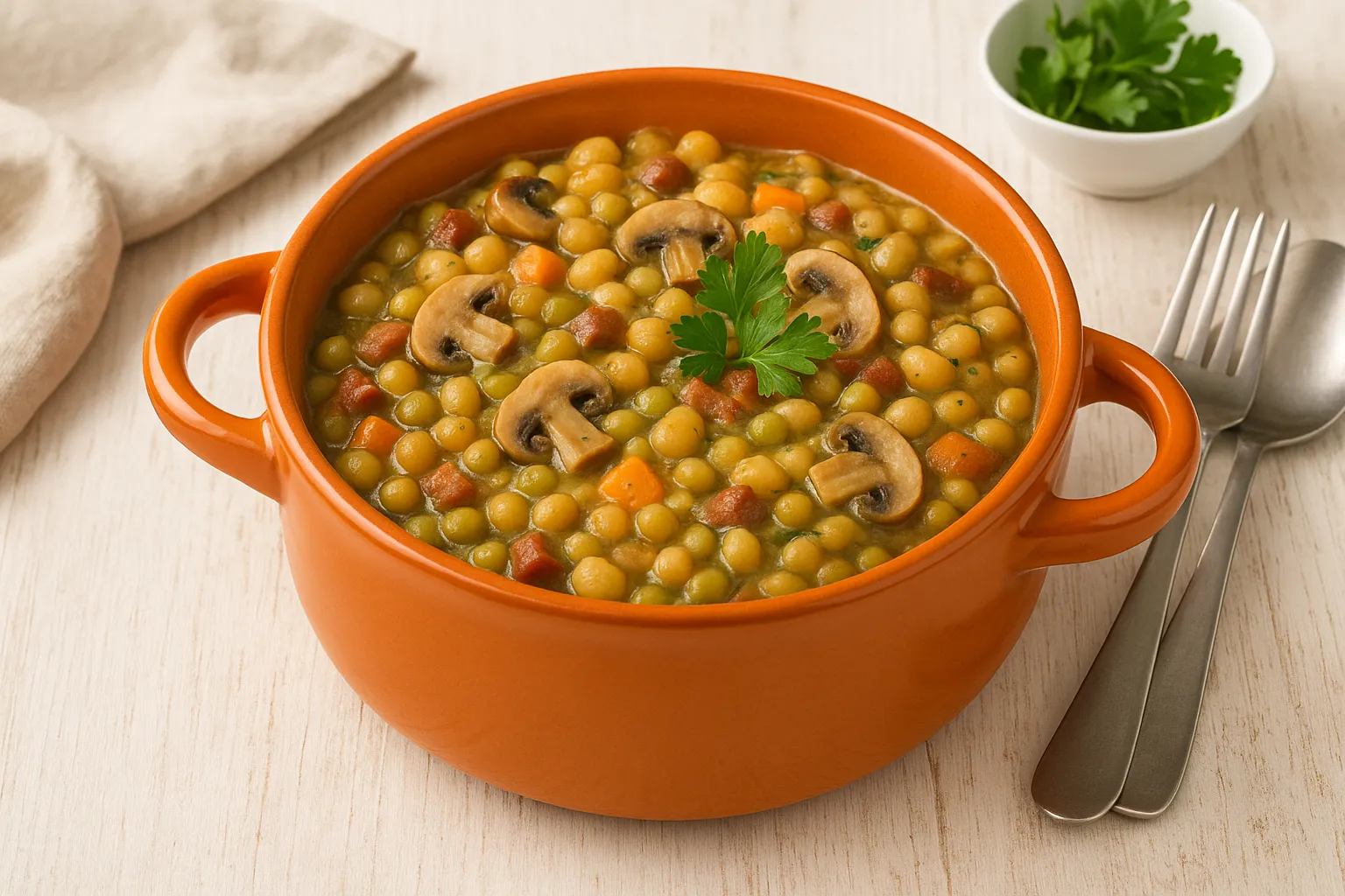 Eintopf aus Hülsenfrüchten und Pilzen in orangefarbener Suppenschüssel, dekoriert mit frischen Kräutern