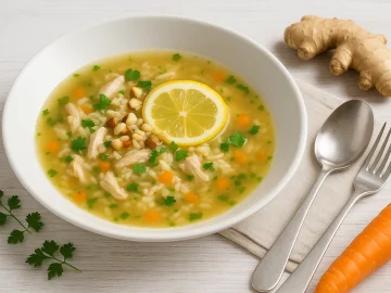 Weiße Suppenschale mit indischer Hühnersuppe, garniert mit Zitronenscheibe und gehackten Nüssen, auf weißem Holztisch mit Besteck