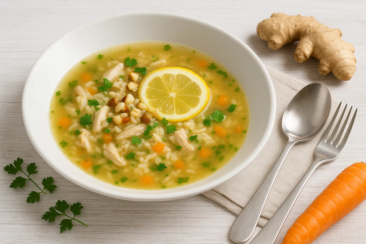 Weiße Suppenschale mit indischer Hühnersuppe, garniert mit Zitronenscheibe und gehackten Nüssen, auf weißem Holztisch mit Besteck