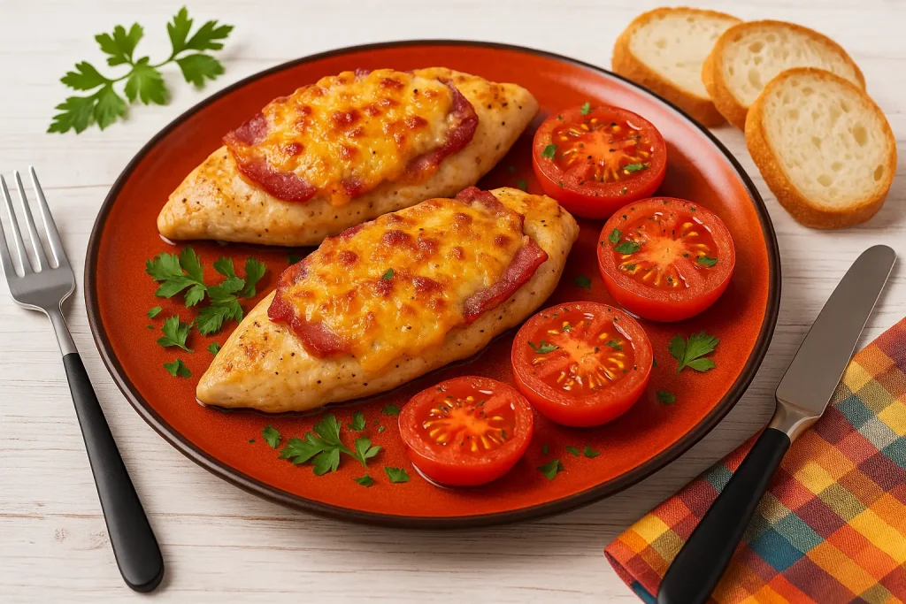  Überbackene Hähnchenbrust mit Schinken und Käse, serviert auf rot-orangenem DDR-Teller mit gegrillten Tomaten und Weißbrot auf weißem Holztisch.