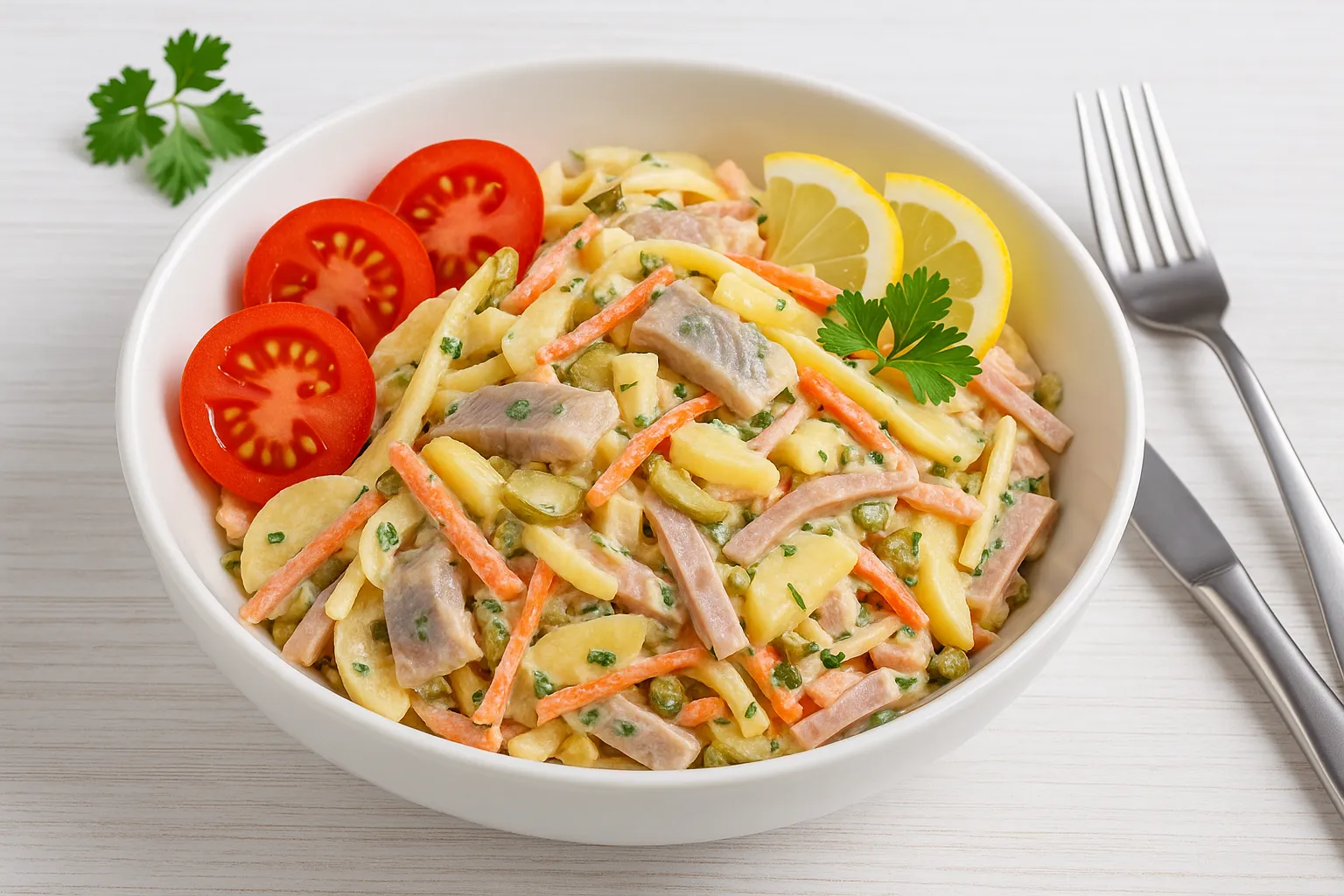 Italienischer Heringssalat mit Hering, Kartoffeln, Gemüse, Fleisch und Dressing in einer Schüssel, garniert mit Tomaten und Zitrone