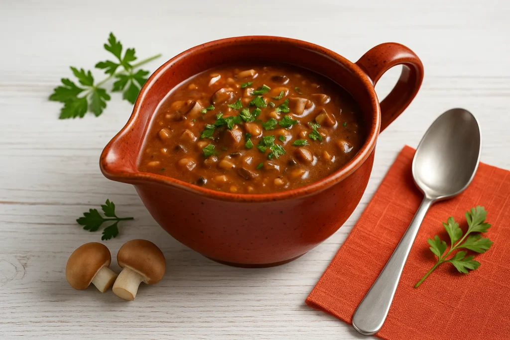 Jägersoße mit Pilzen und Kräutern, angerichtet in einer kleinen roten Sauciere auf weißem Holzhintergrund mit frischer Dekoration