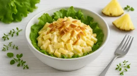 Weiße Schüssel mit Käse-Ananas-Salat, garniert mit Mandeln und grünem Salat auf hellem Holzhintergrund